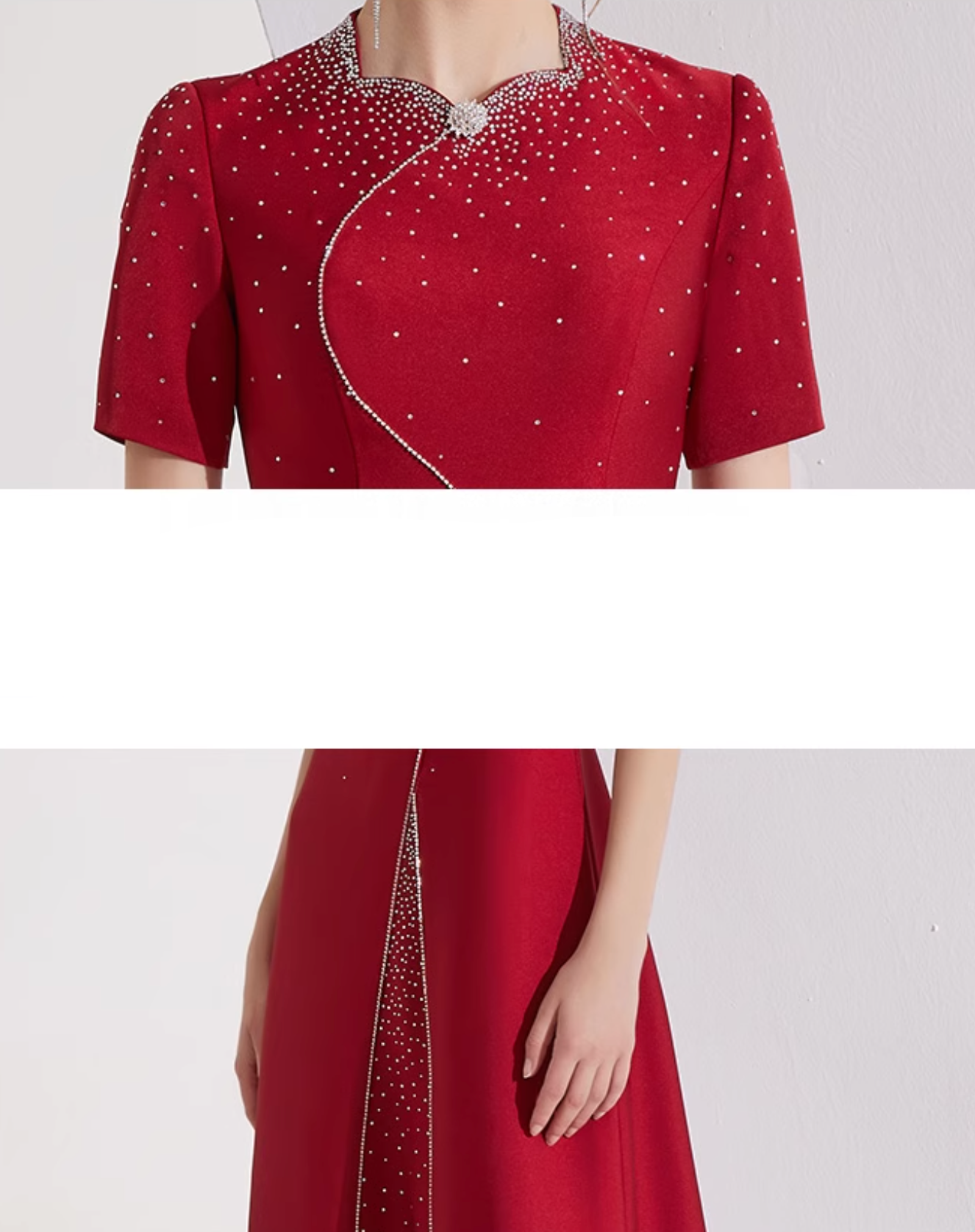 short-sleeve A-line dress with rhinestone wave embroidery – MEILIN