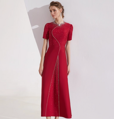 short-sleeve A-line dress with rhinestone wave embroidery – MEILIN