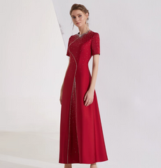 short-sleeve A-line dress with rhinestone wave embroidery – MEILIN