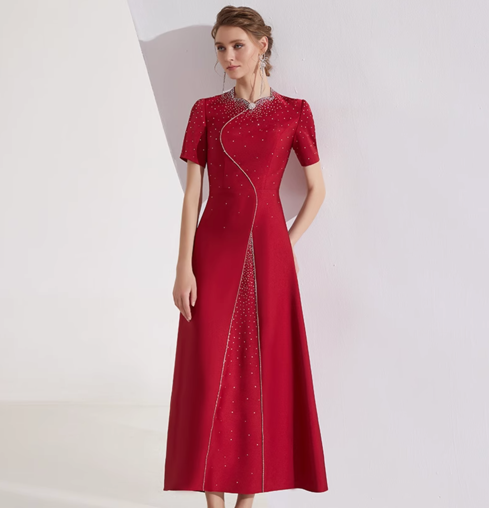 short-sleeve A-line dress with rhinestone wave embroidery – MEILIN