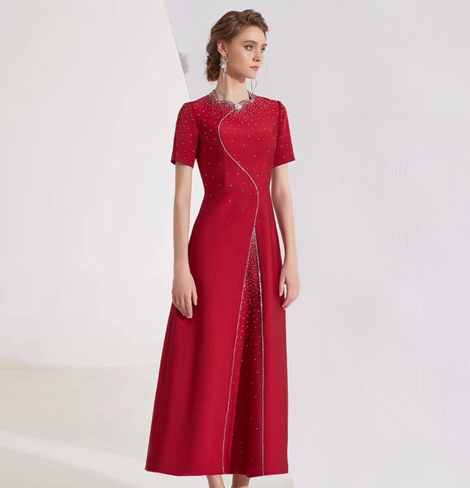 short-sleeve A-line dress with rhinestone wave embroidery – MEILIN