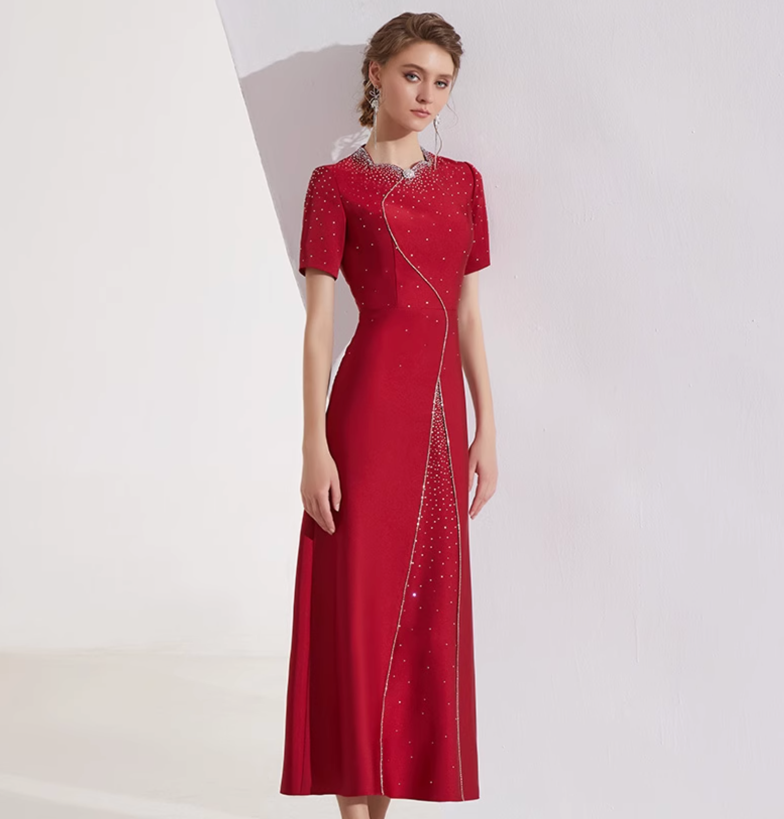 short-sleeve A-line dress with rhinestone wave embroidery – MEILIN