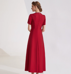 short-sleeve A-line dress with rhinestone wave embroidery – MEILIN
