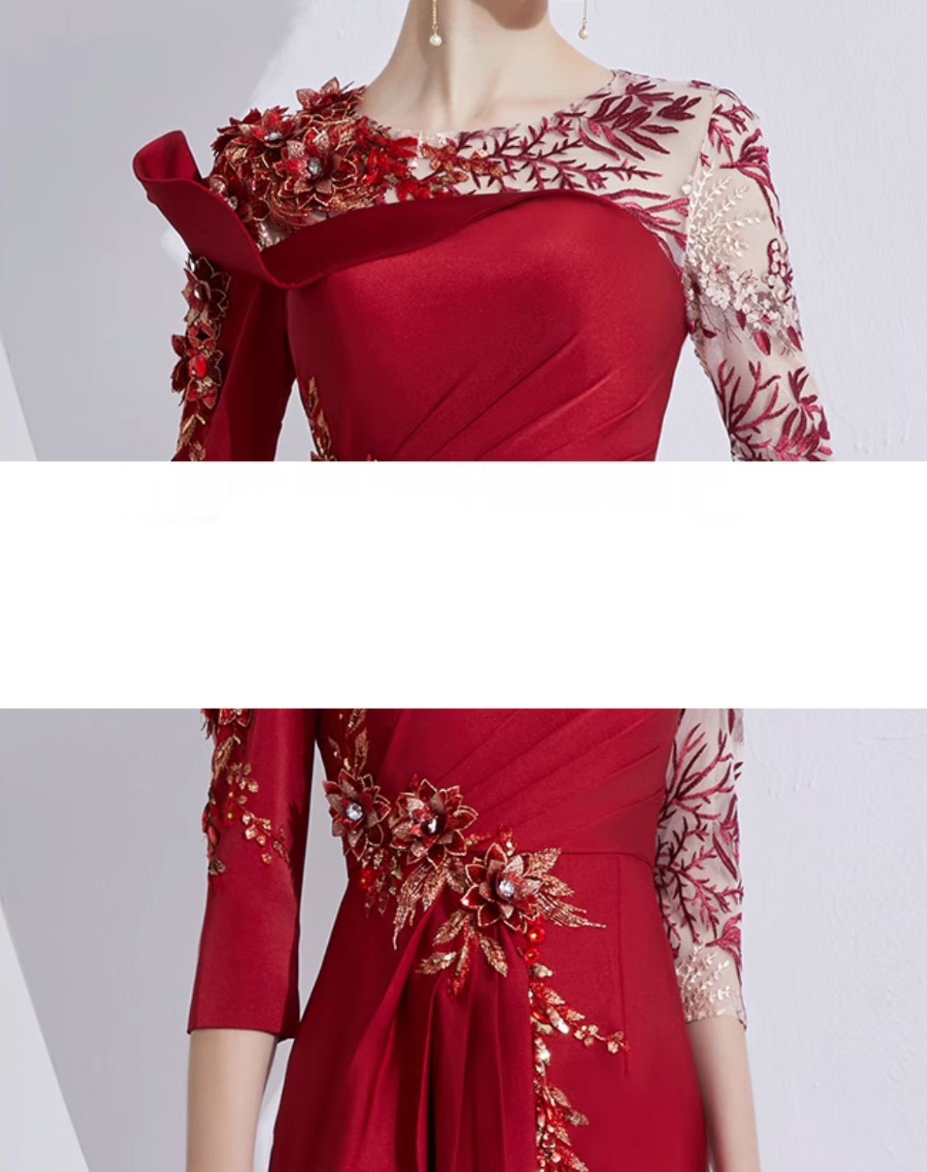 asymmetric shoulder gown with lace sleeves and floral embellishment – ROSALIND