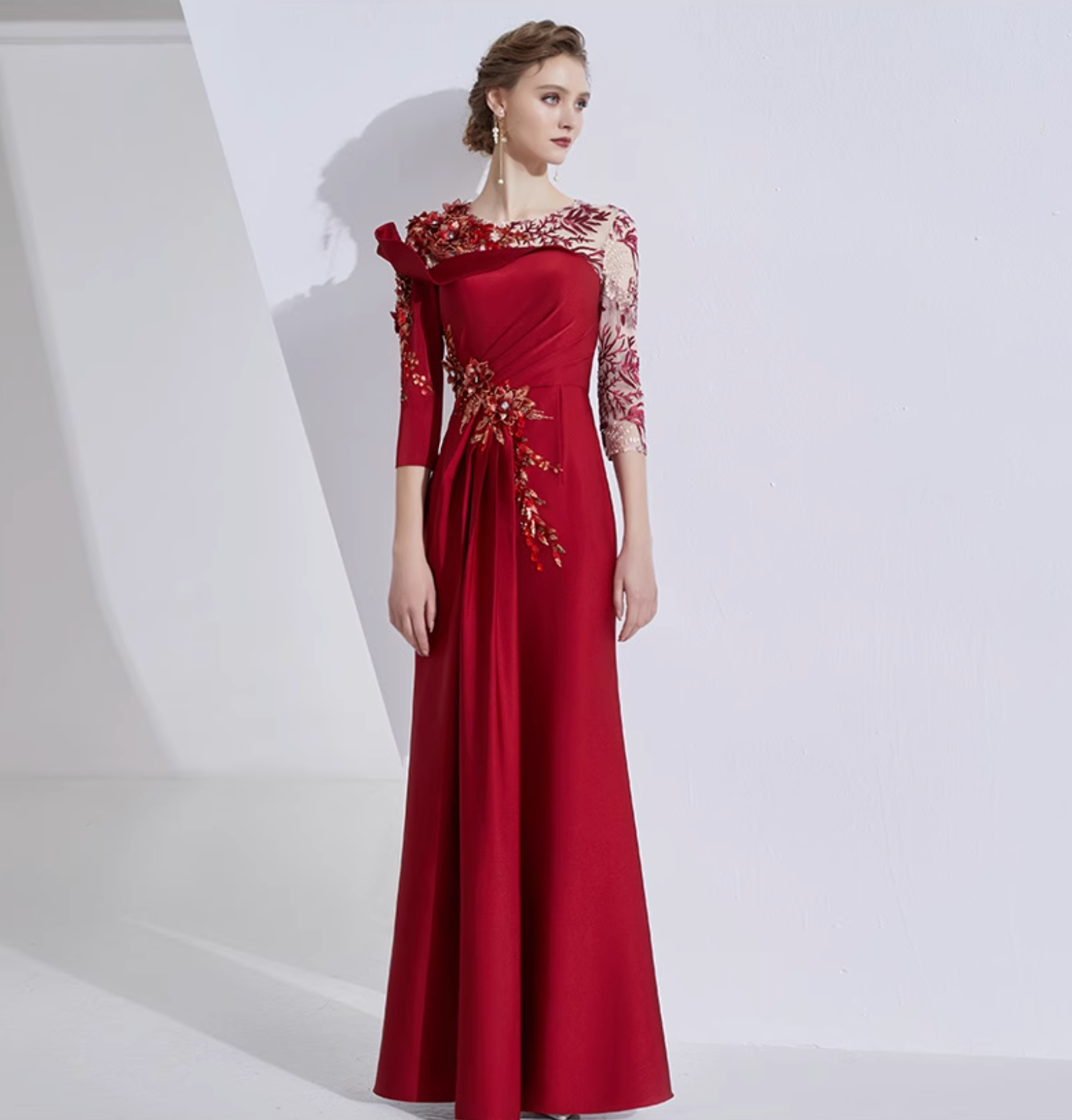 asymmetric shoulder gown with lace sleeves and floral embellishment – ROSALIND