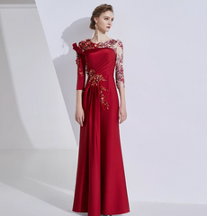 asymmetric shoulder gown with lace sleeves and floral embellishment – ROSALIND
