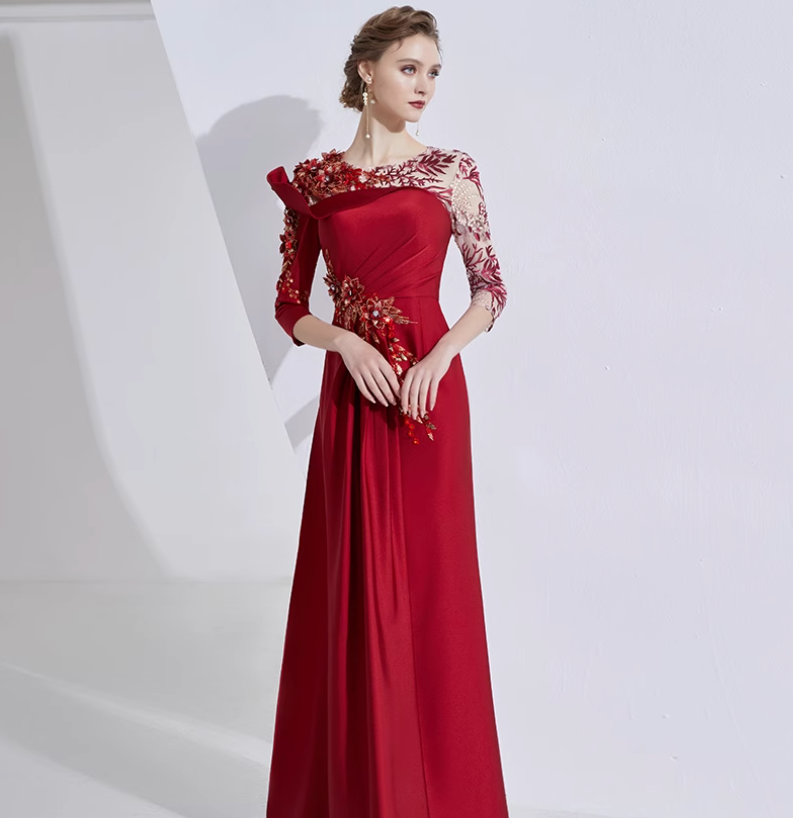 asymmetric shoulder gown with lace sleeves and floral embellishment – ROSALIND
