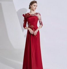 asymmetric shoulder gown with lace sleeves and floral embellishment – ROSALIND