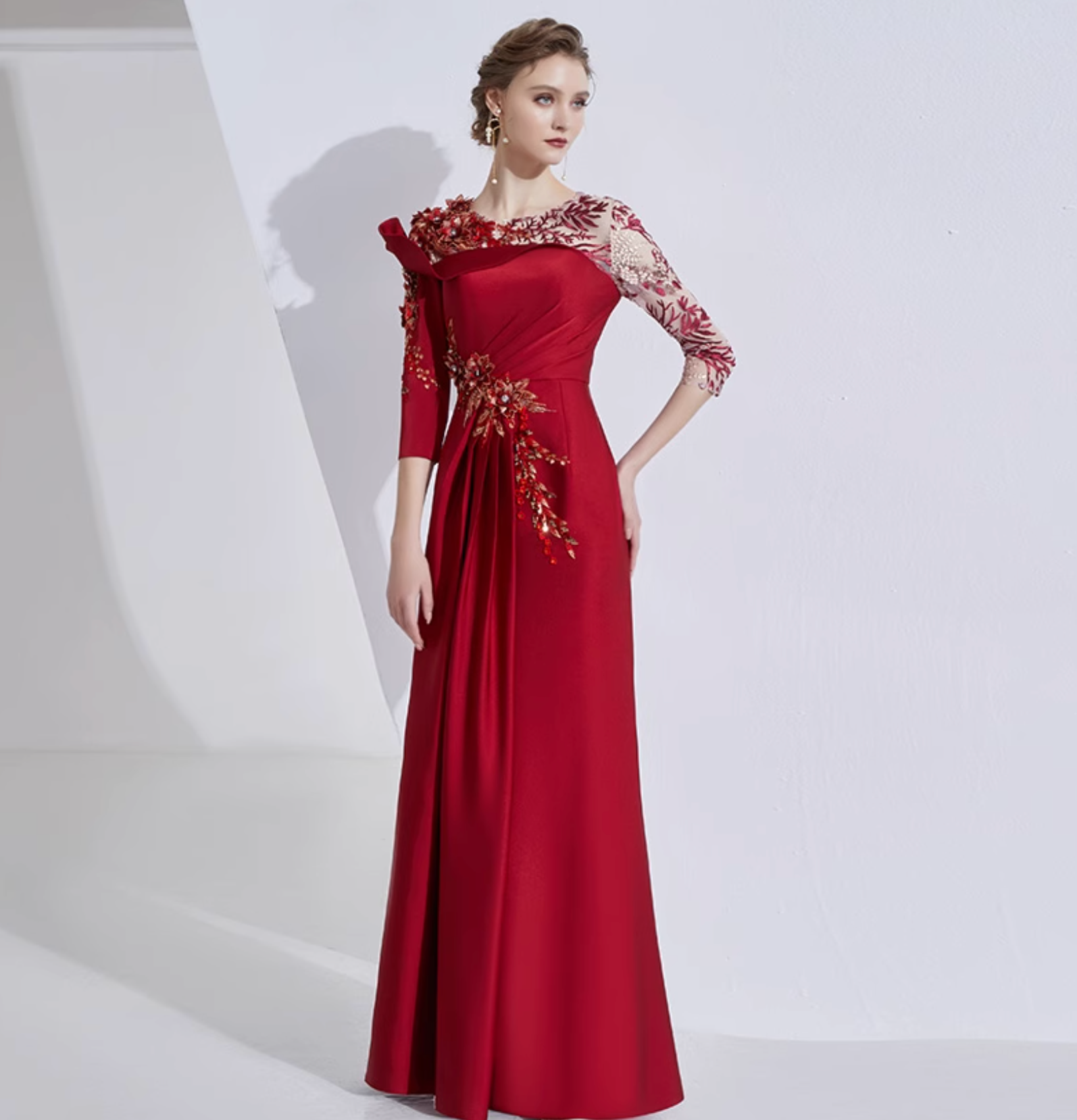 asymmetric shoulder gown with lace sleeves and floral embellishment – ROSALIND