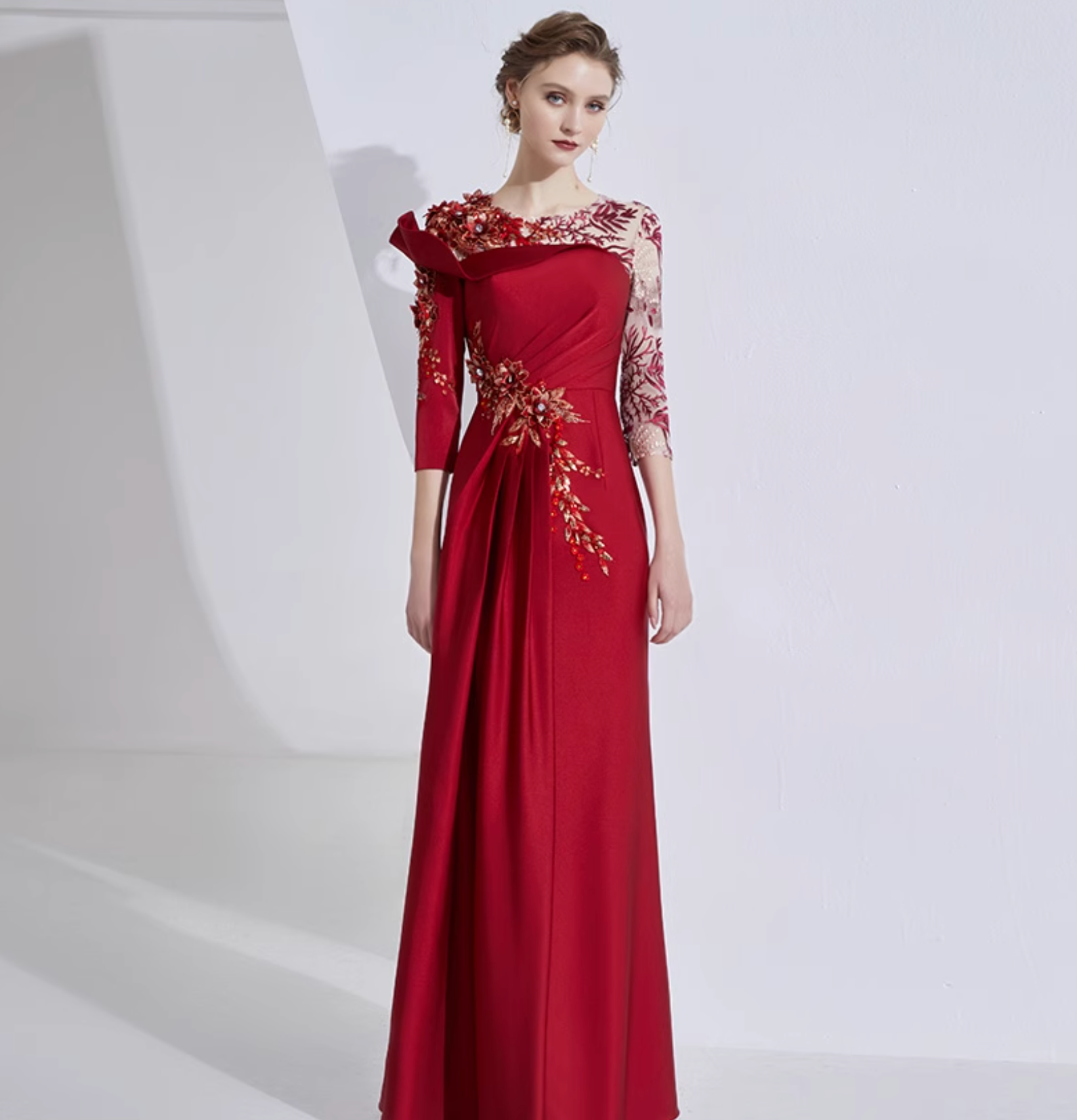 asymmetric shoulder gown with lace sleeves and floral embellishment – ROSALIND