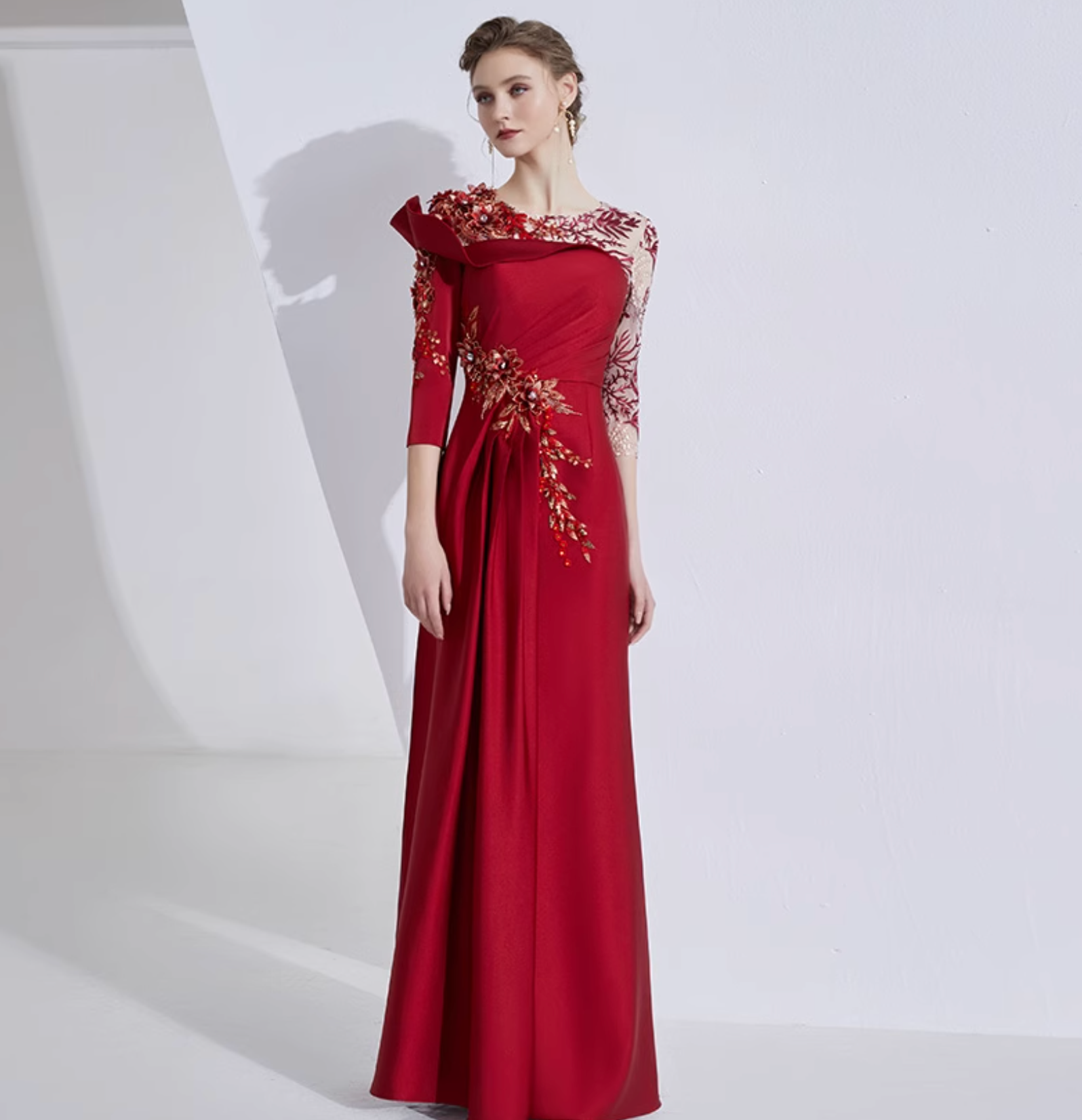 asymmetric shoulder gown with lace sleeves and floral embellishment – ROSALIND