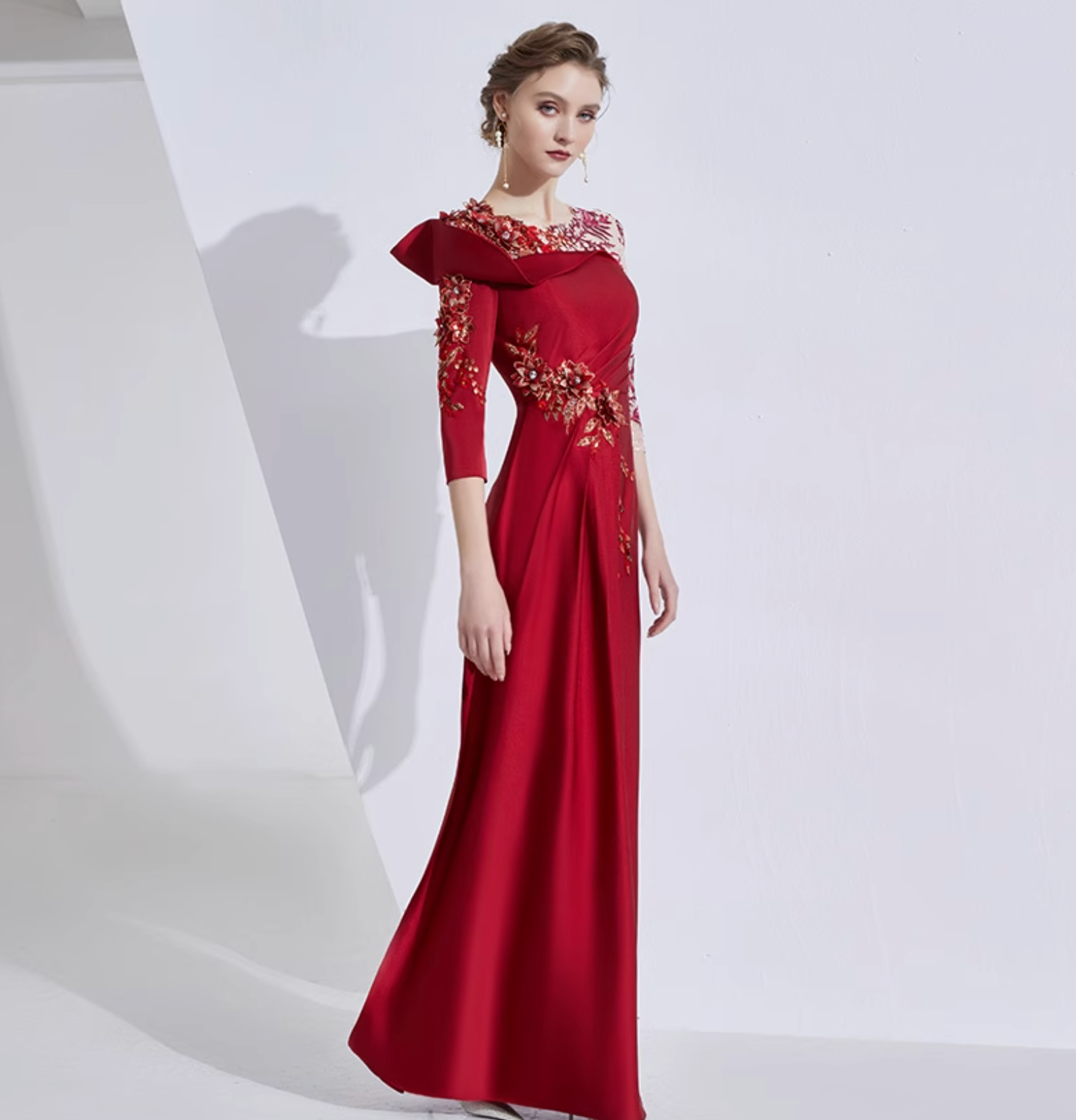 asymmetric shoulder gown with lace sleeves and floral embellishment – ROSALIND