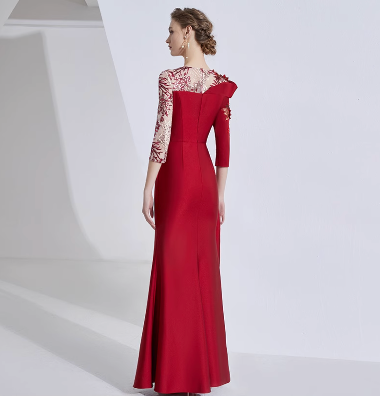 asymmetric shoulder gown with lace sleeves and floral embellishment – ROSALIND