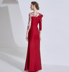 asymmetric shoulder gown with lace sleeves and floral embellishment – ROSALIND