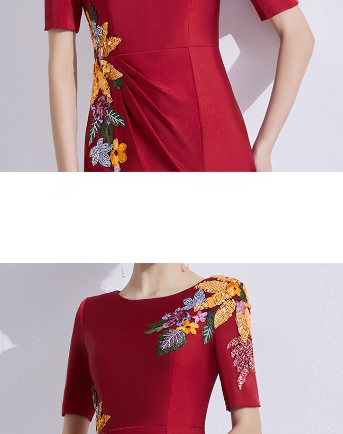 floral embroidered gown with pleated waist detail – MARIBEL
