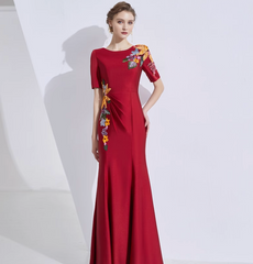 floral embroidered gown with pleated waist detail – MARIBEL