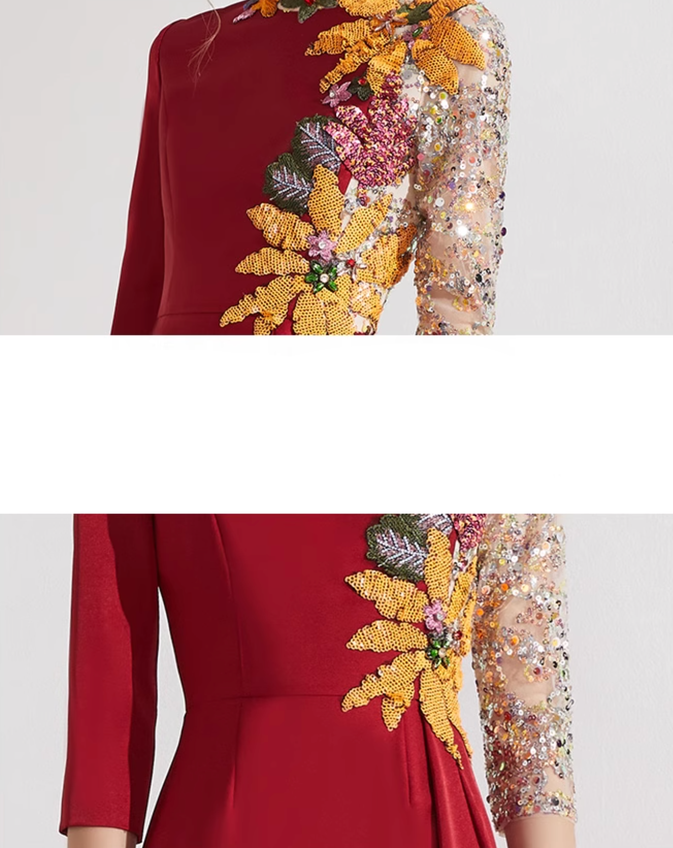 high-neck gown with floral sequin sleeves and pleated overskirt – YASMIN