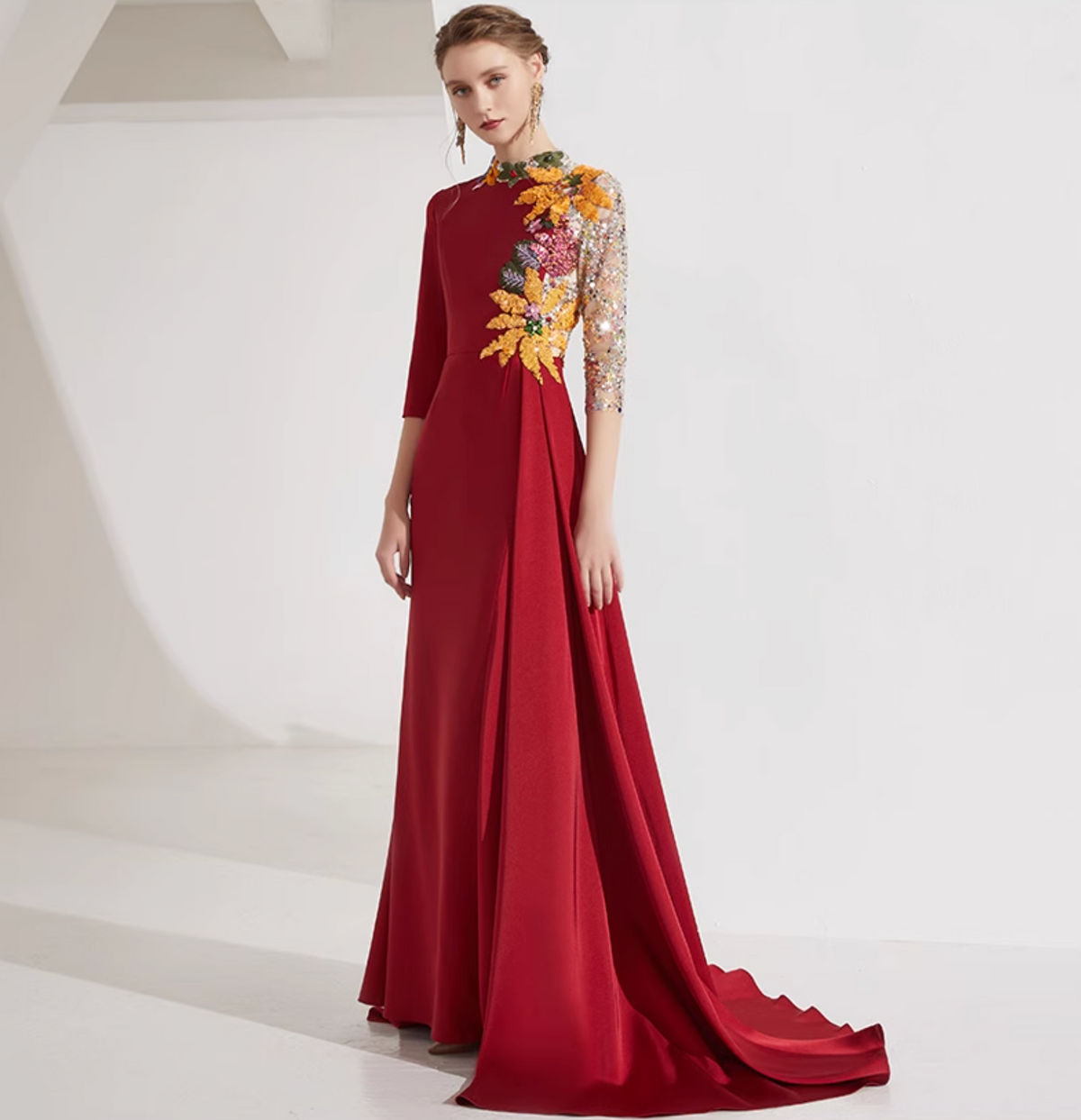 high-neck gown with floral sequin sleeves and pleated overskirt – YASMIN