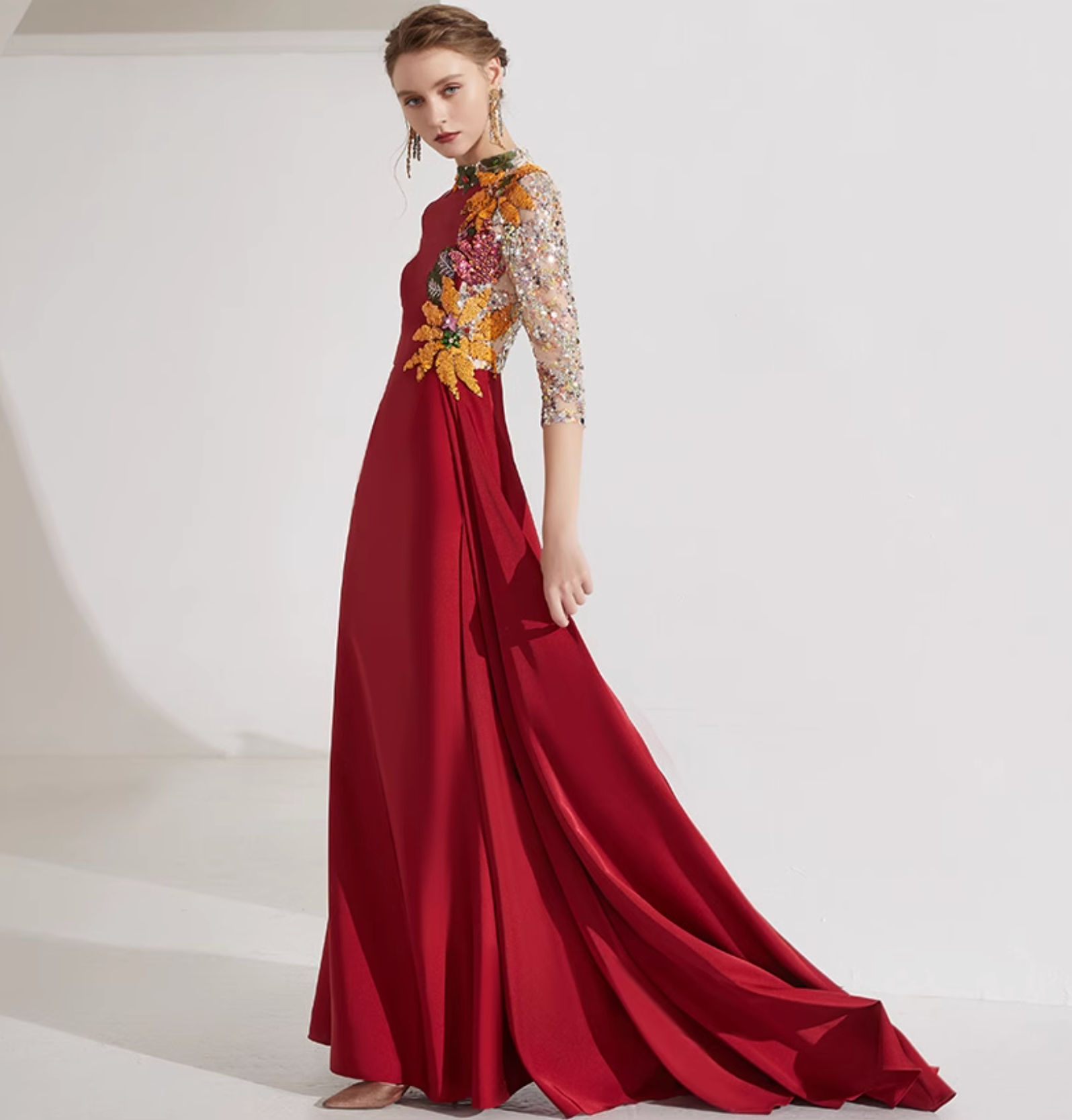 high-neck gown with floral sequin sleeves and pleated overskirt – YASMIN