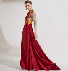 high-neck gown with floral sequin sleeves and pleated overskirt – YASMIN