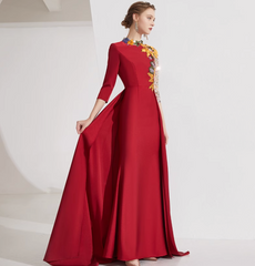 high-neck gown with floral sequin sleeves and pleated overskirt – YASMIN