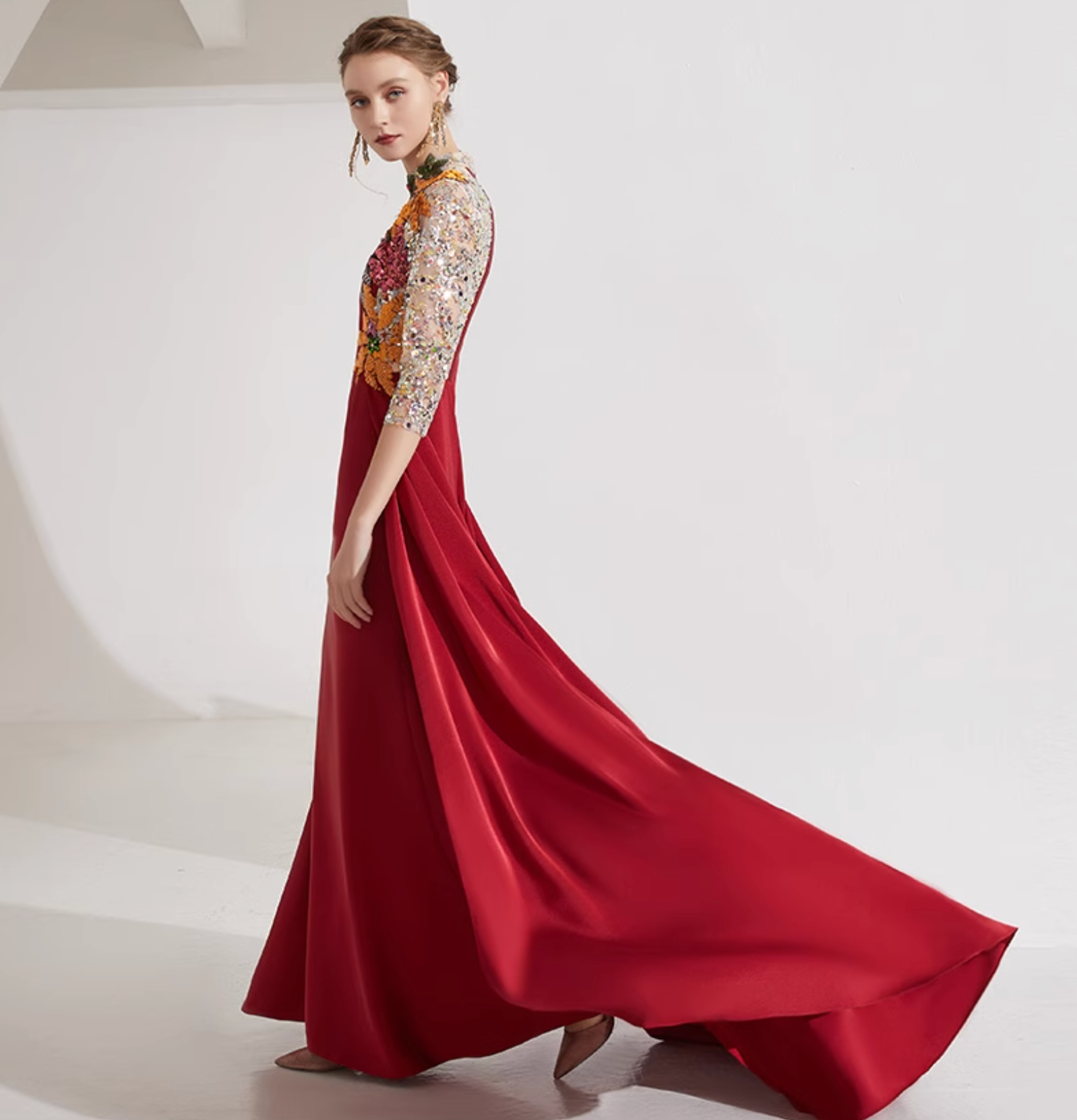 high-neck gown with floral sequin sleeves and pleated overskirt – YASMIN
