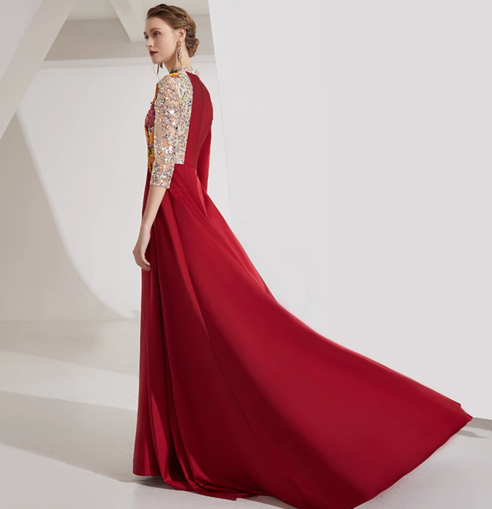 high-neck gown with floral sequin sleeves and pleated overskirt – YASMIN