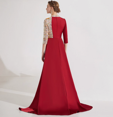 high-neck gown with floral sequin sleeves and pleated overskirt – YASMIN