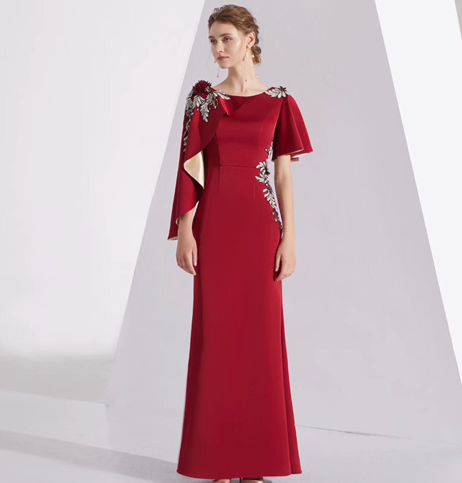 cape-sleeve column dress with floral appliqué – LORIEN