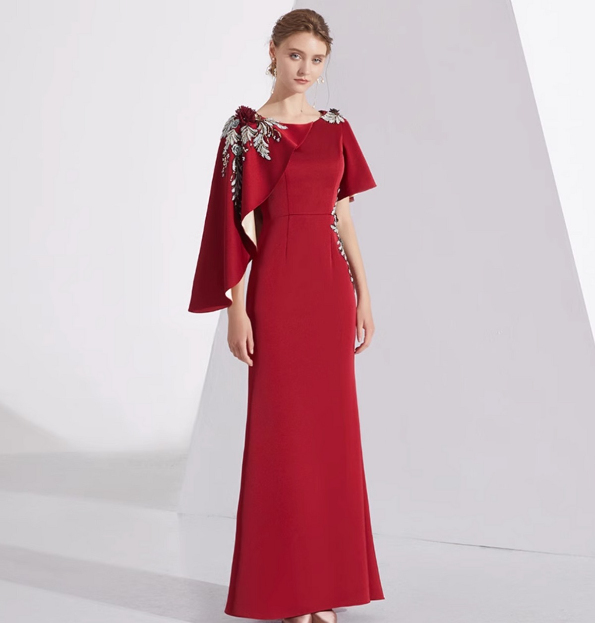 cape-sleeve column dress with floral appliqué – LORIEN