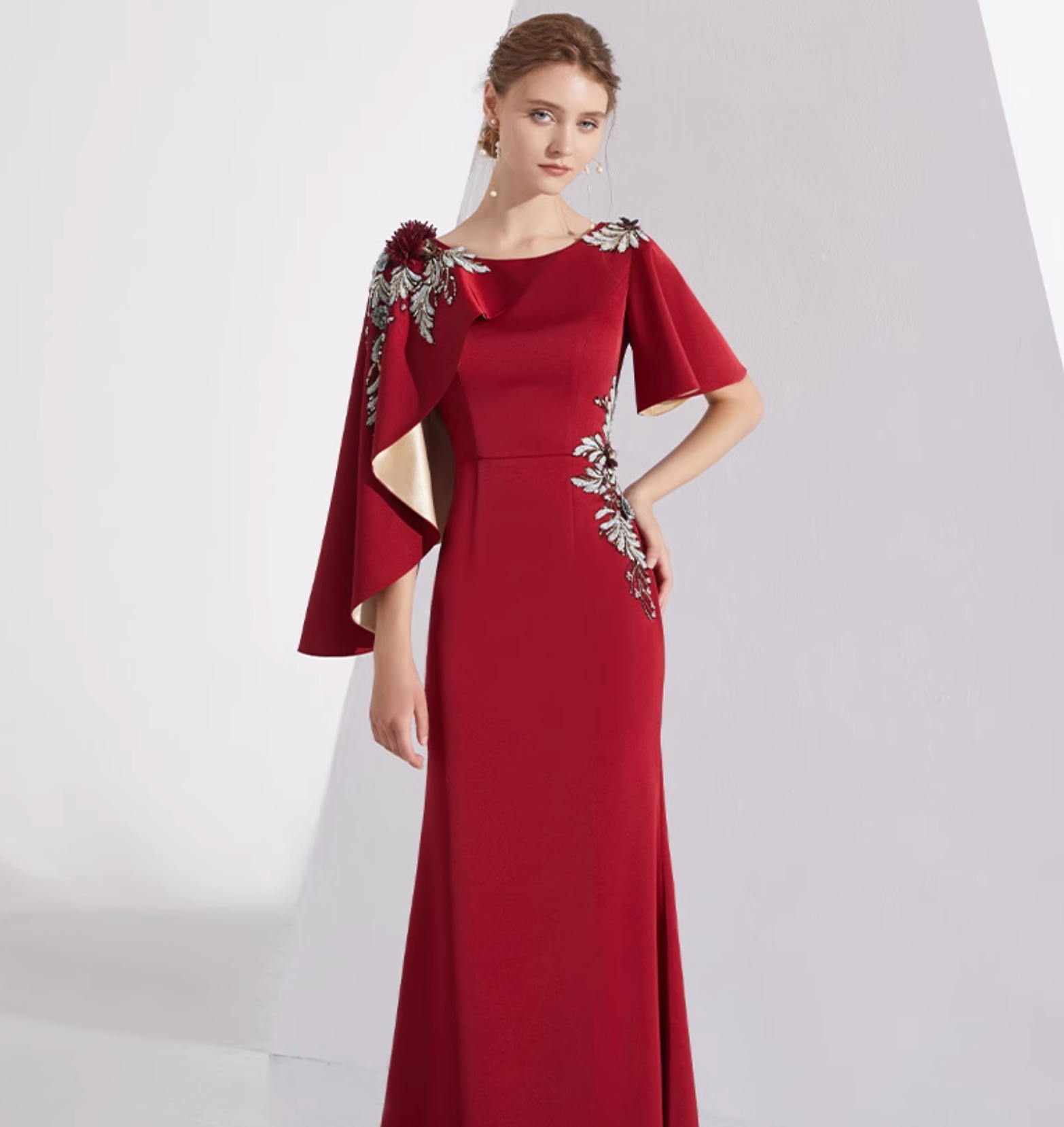 cape-sleeve column dress with floral appliqué – LORIEN