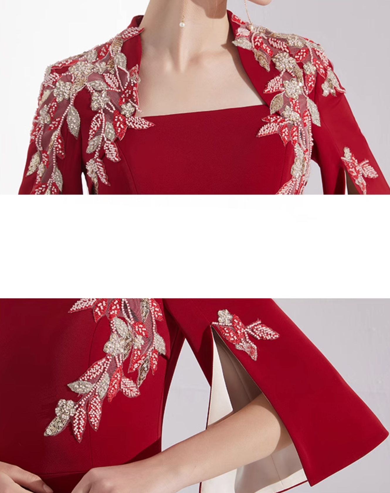 square-neck flared gown with floral embroidered sleeves – ELAO