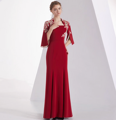 square-neck flared gown with floral embroidered sleeves – ELAO