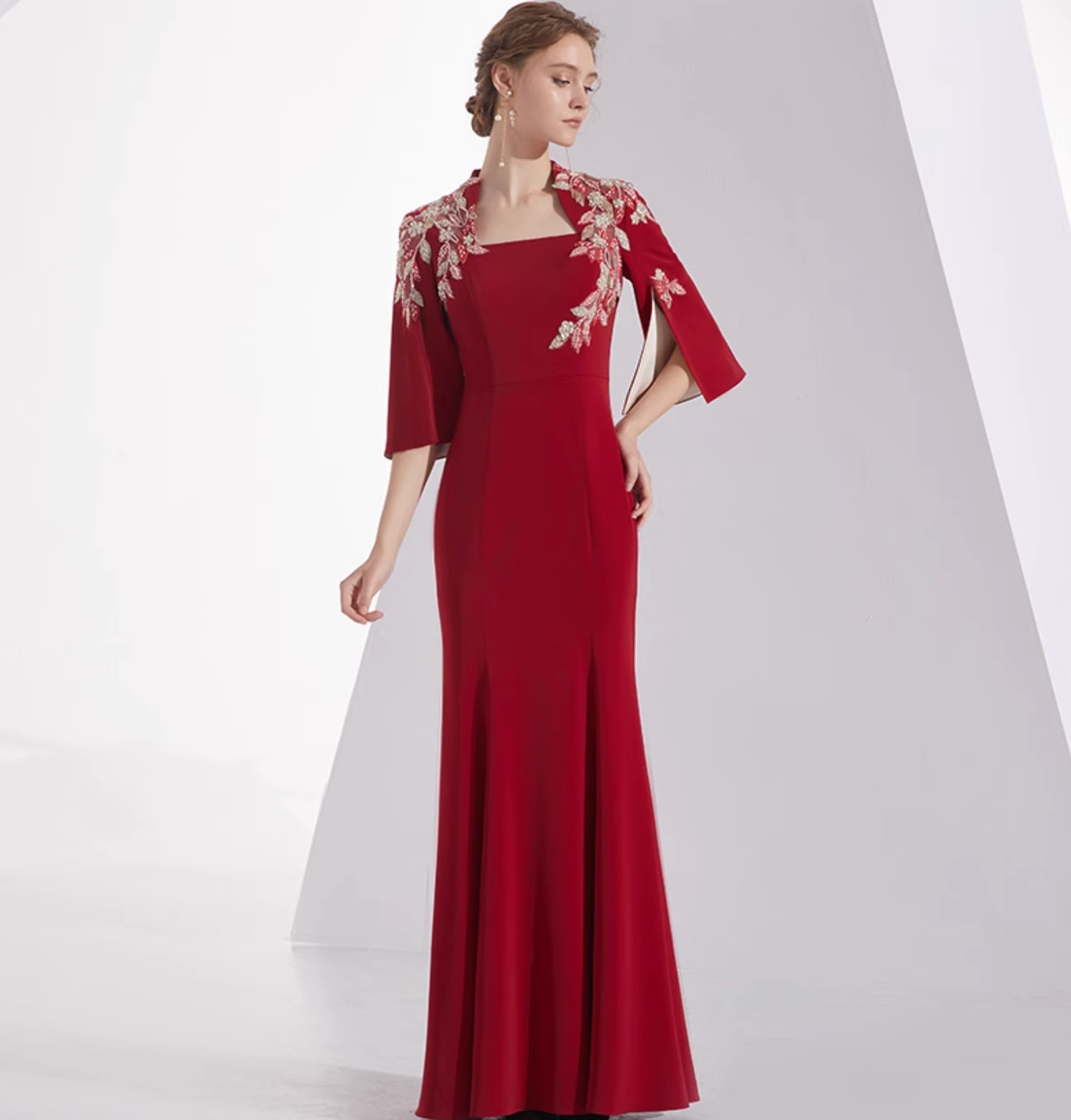 square-neck flared gown with floral embroidered sleeves – ELAO