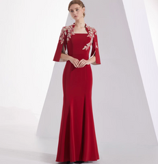 square-neck flared gown with floral embroidered sleeves – ELAO