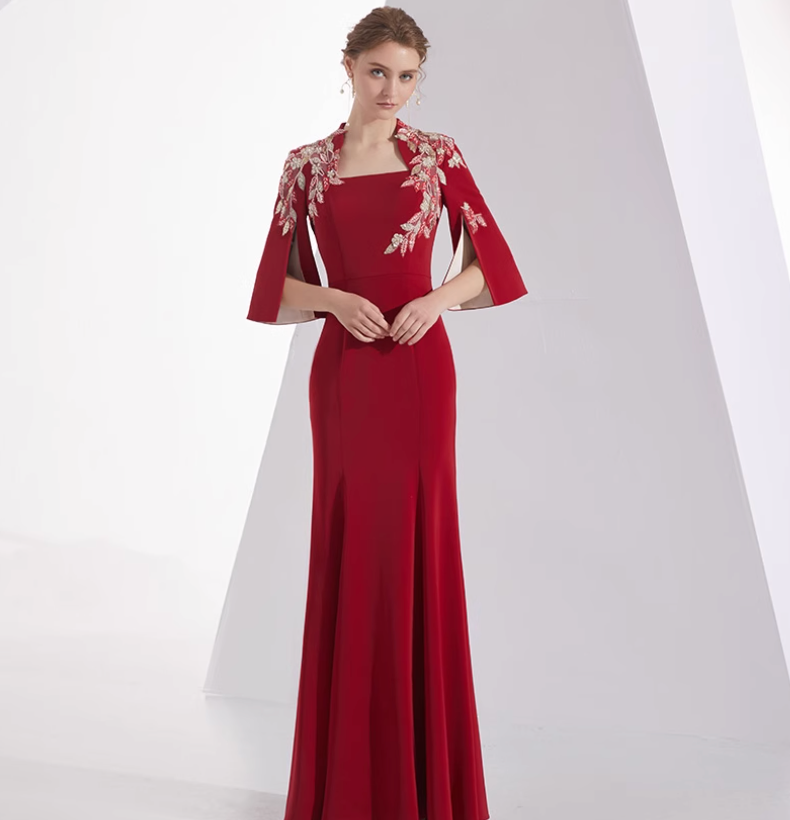 square-neck flared gown with floral embroidered sleeves – ELAO