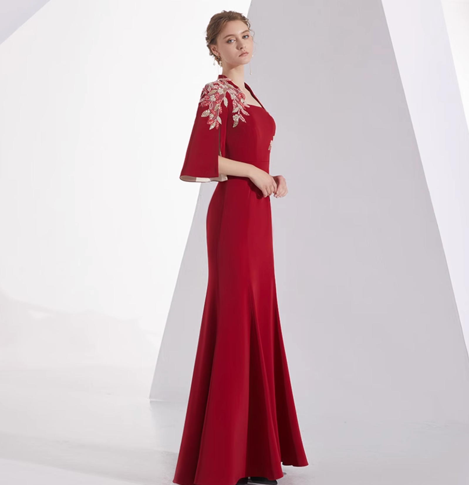 square-neck flared gown with floral embroidered sleeves – ELAO
