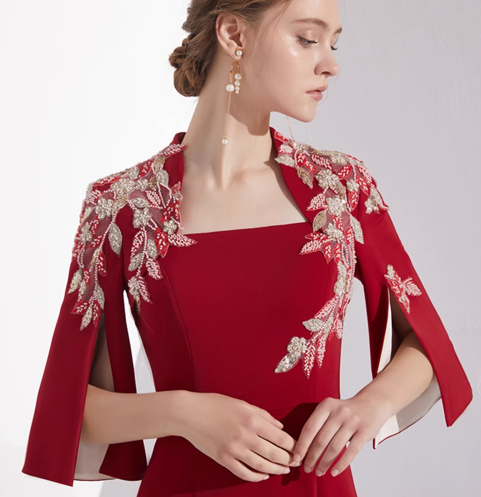 square-neck flared gown with floral embroidered sleeves – ELAO
