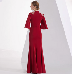 square-neck flared gown with floral embroidered sleeves – ELAO