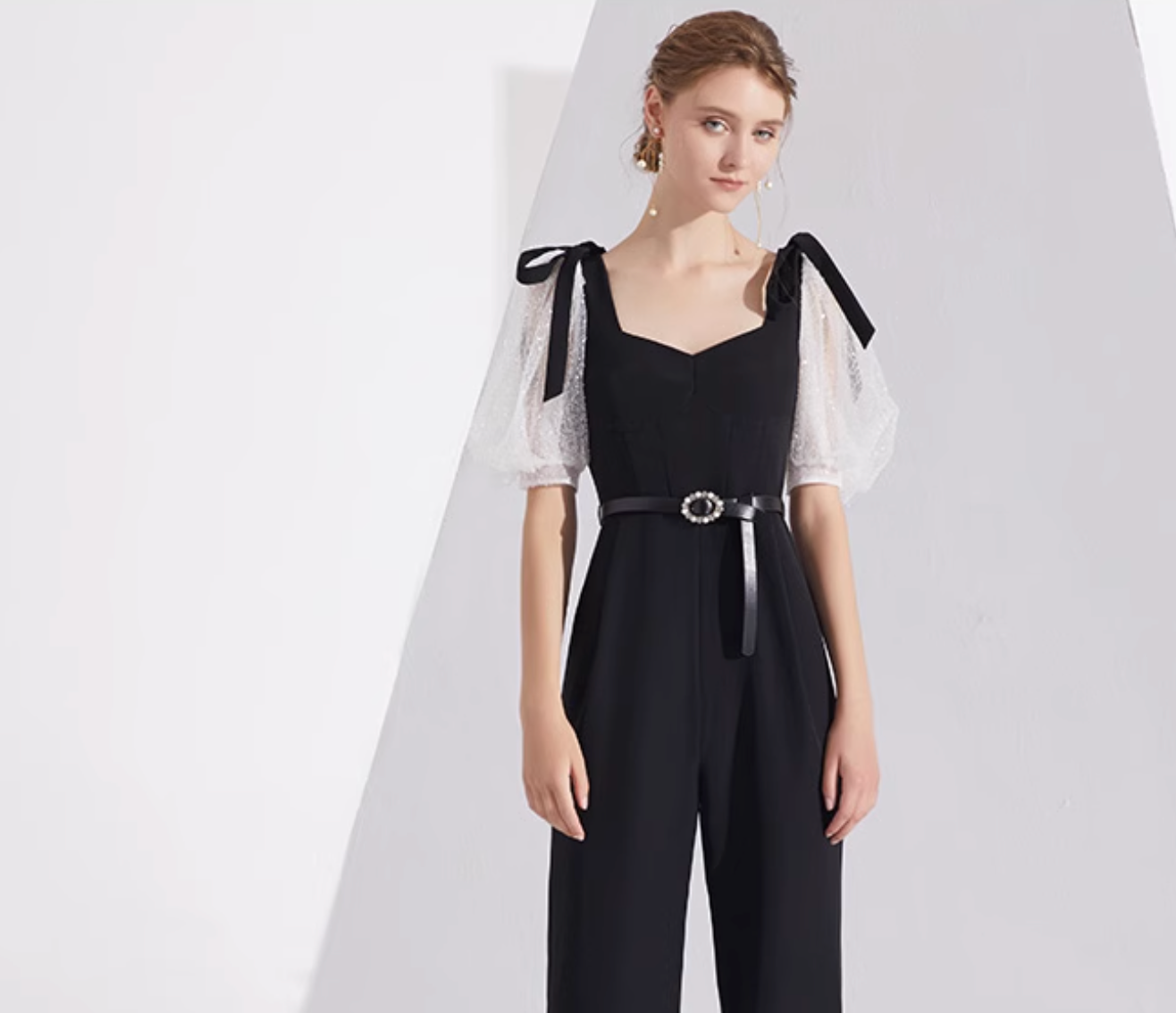 wide-leg jumpsuit with organza puff sleeves and bow straps – COLETTE