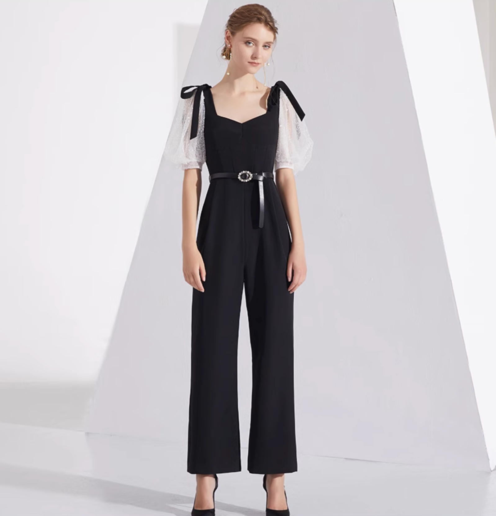 wide-leg jumpsuit with organza puff sleeves and bow straps – COLETTE