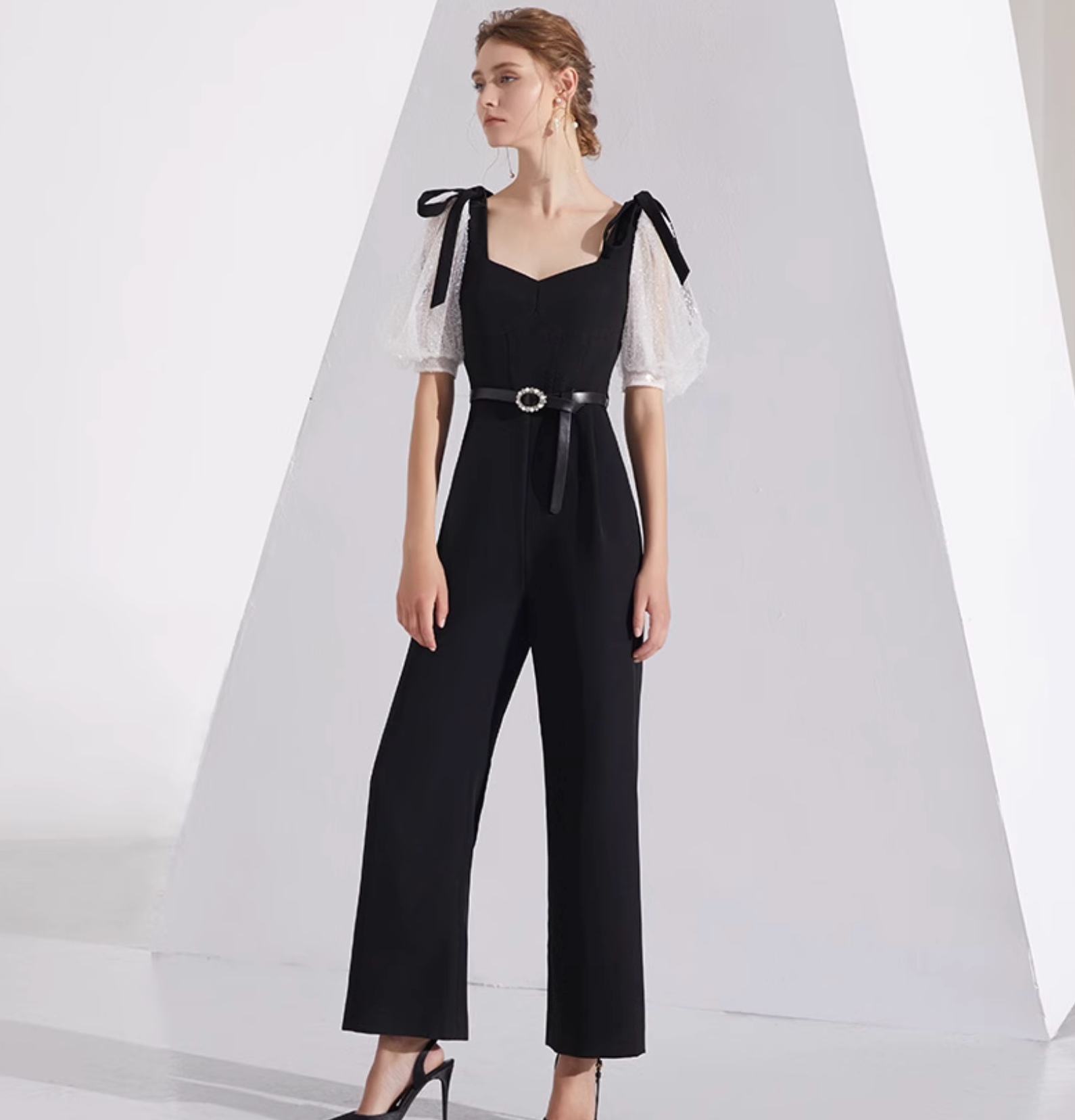 wide-leg jumpsuit with organza puff sleeves and bow straps – COLETTE