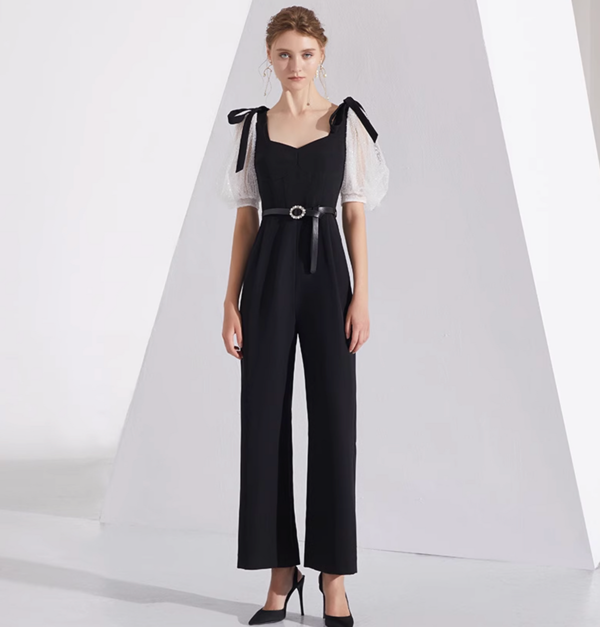 wide-leg jumpsuit with organza puff sleeves and bow straps – COLETTE
