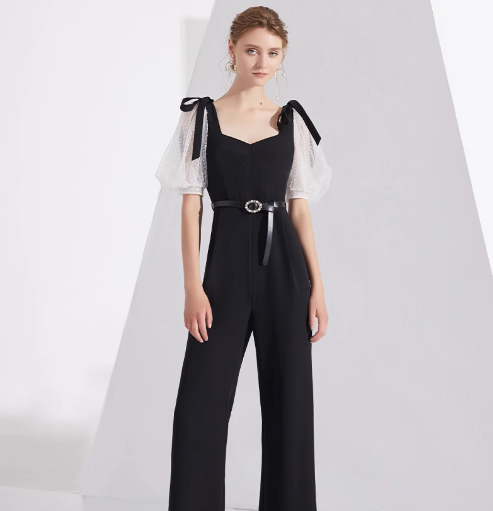 wide-leg jumpsuit with organza puff sleeves and bow straps – COLETTE