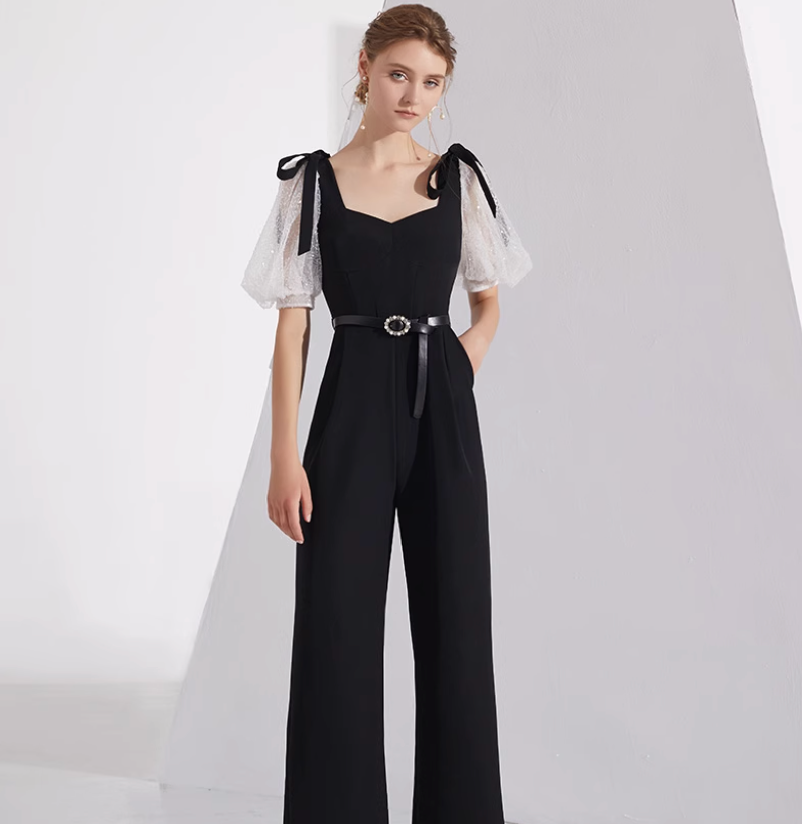 wide-leg jumpsuit with organza puff sleeves and bow straps – COLETTE