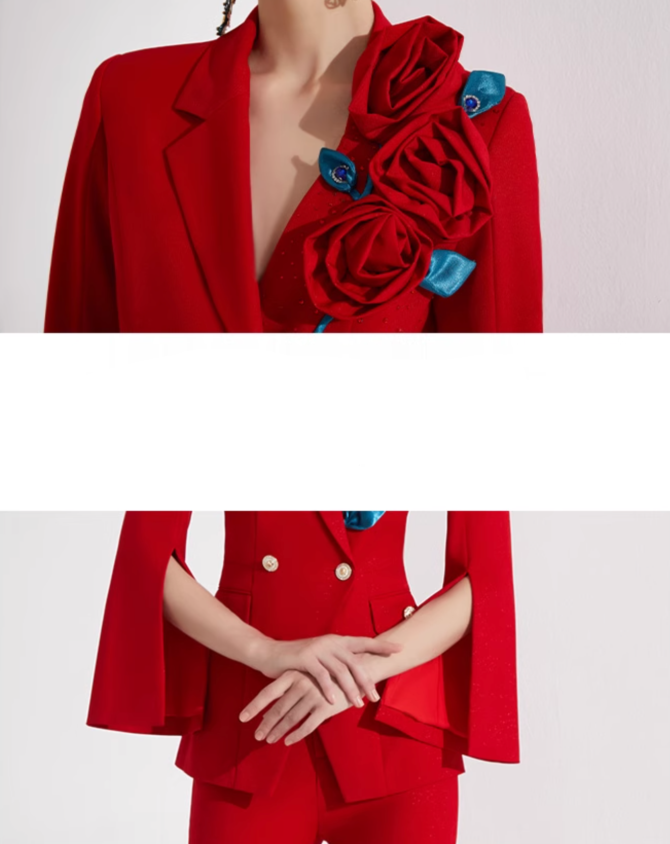 cape-sleeve blazer set with 3D floral appliqué – CARMEN