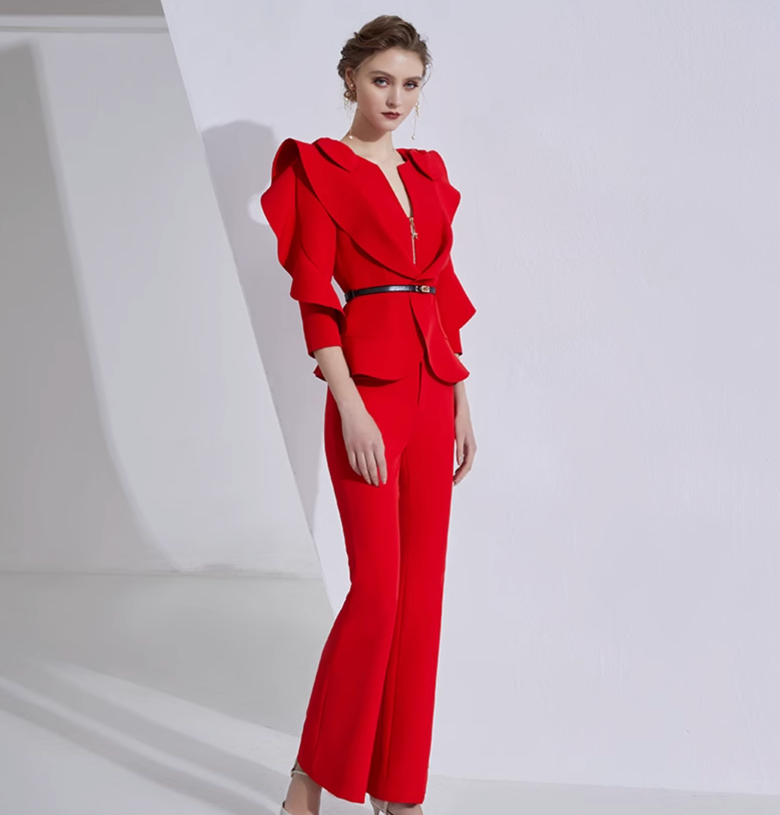 ruffled peplum blazer set with flared pants – ISADORA