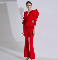 ruffled peplum blazer set with flared pants – ISADORA