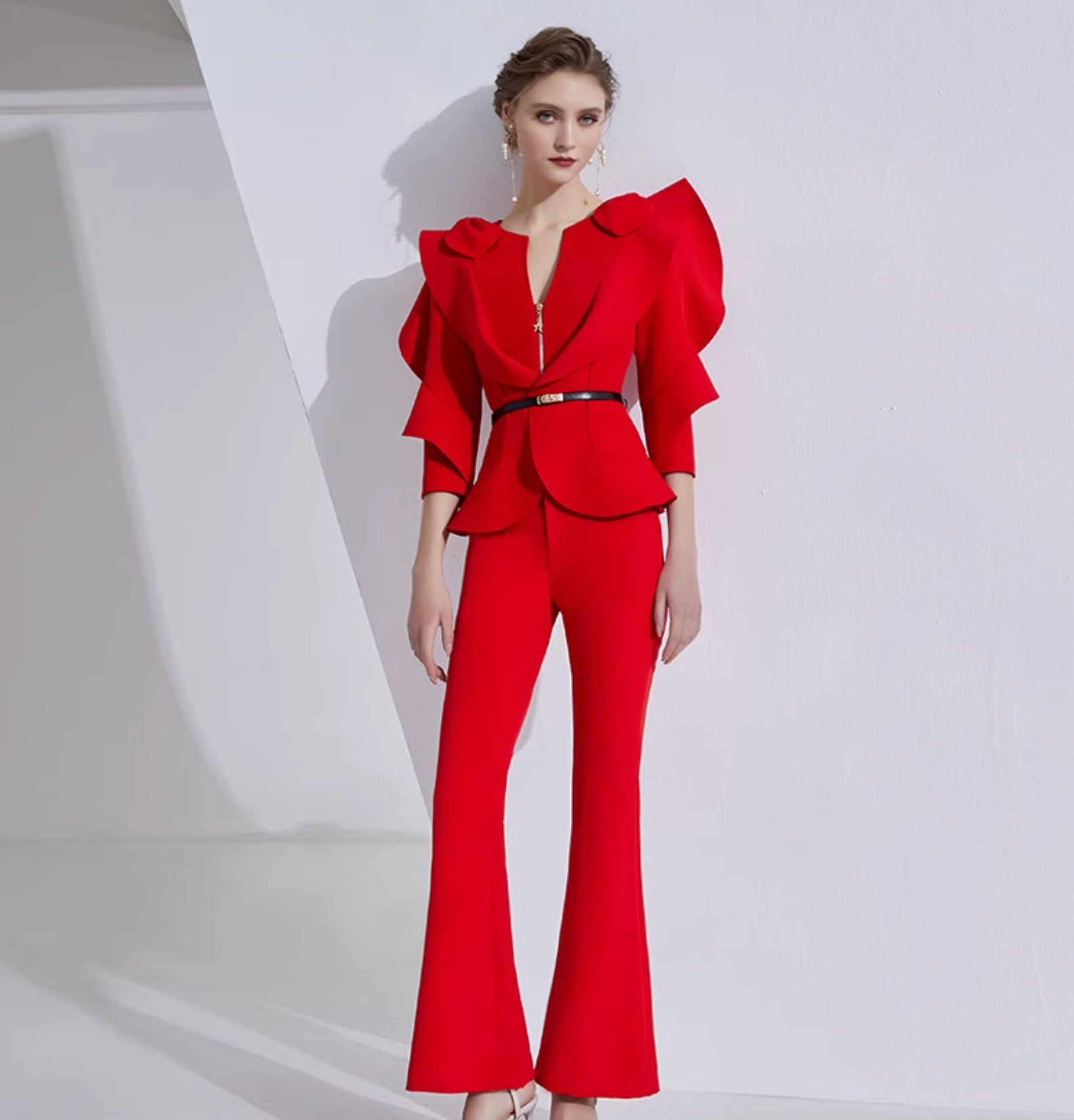 ruffled peplum blazer set with flared pants – ISADORA