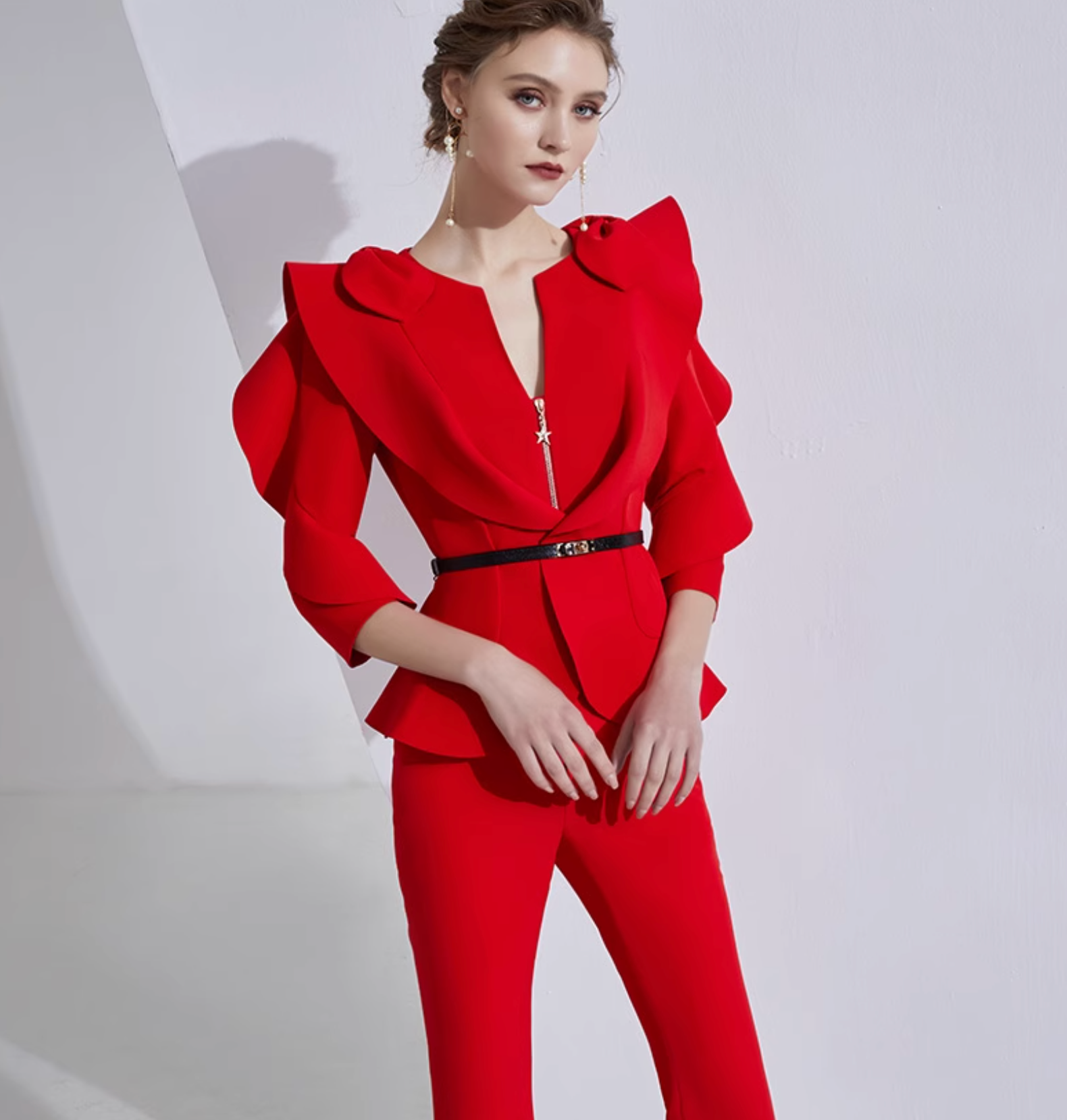 ruffled peplum blazer set with flared pants – ISADORA